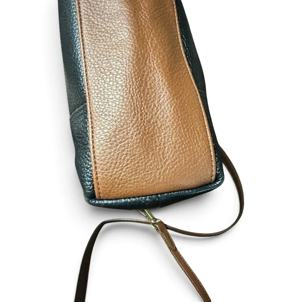 Fossil Black Leather Crossbody Satchel Bag Brown Strap Zip Top